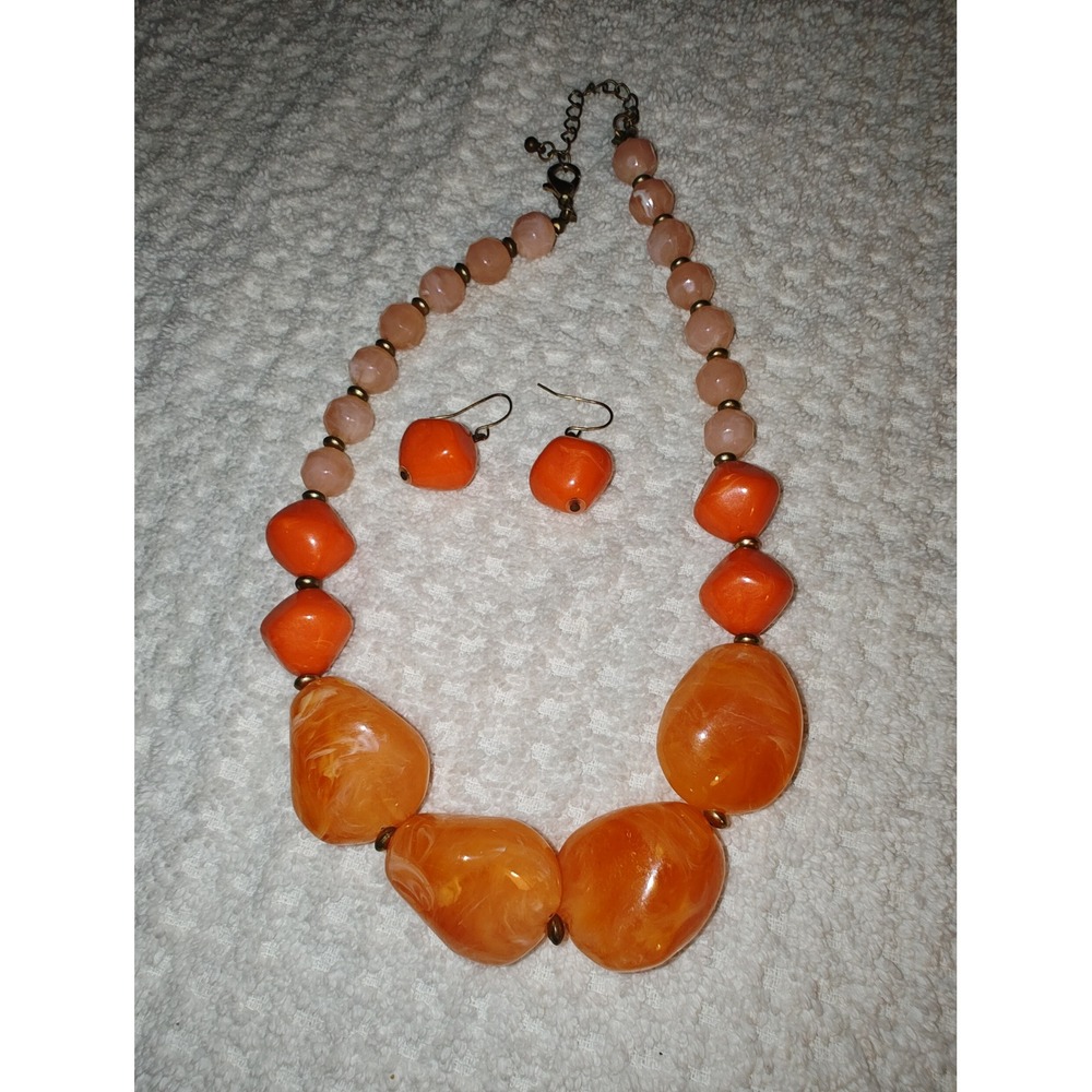 Jewelry Set Chunky Marbled Orange Peach Resin Statement Necklace Earrings